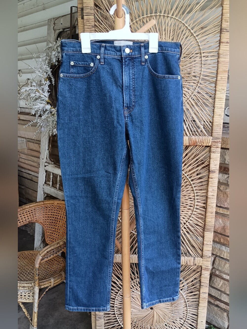 Everlane Dark Blue Denim Jeans with Tan Stitching_29R